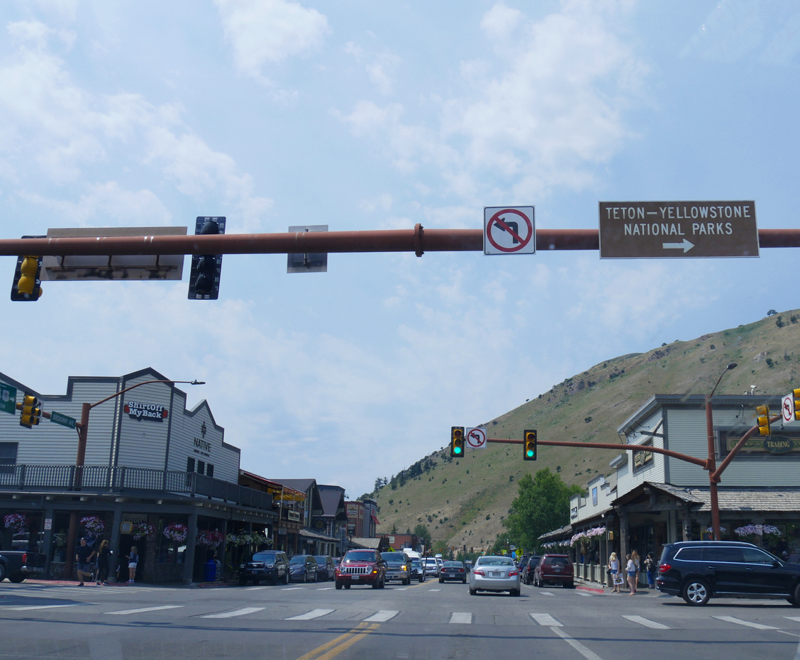 An intersection in Jackson Hole with restaurants